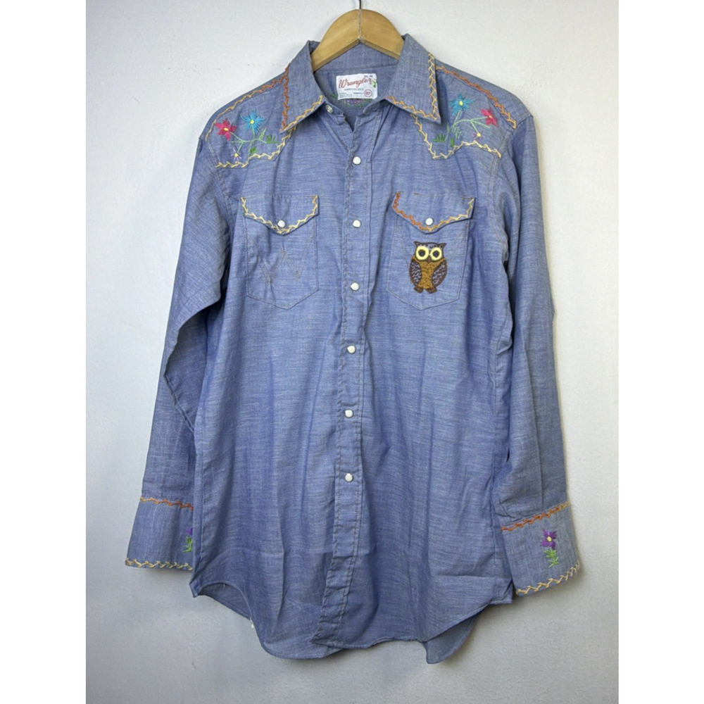 Vintage Wrangler Long Tails Shirt Sanforized Pearl Snap 16 1/2 34 Western large